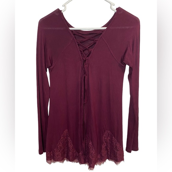 Women's Altar'd State Maroon Long Sleeve Blouse With Lace Size Small Laced Back - Picture 2 of 5